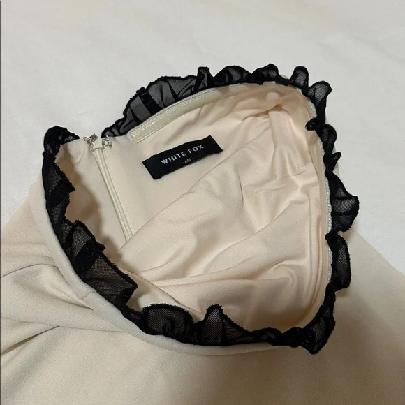 White Fox Boutique Beige Strapless Mini Dress with Black Ruffle Trim - Picture 5 of 6